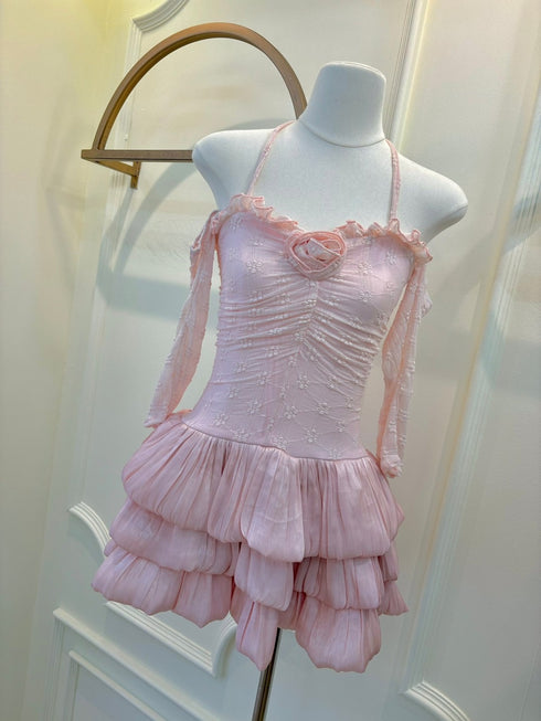 Halter Neck Mesh Satin Multi Layer Tiered Mini Dresses